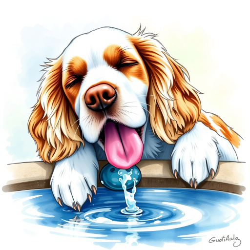 Watercolor ink illustration, A digitally created artwork of a Cocker Spaniel dog leaning on a water fountain, eyes closed, tongue out as if lapping water. The white dog has brown and cream patches, especially on its ears and face. Water splashes around it with detailed droplets. The background features a soft blue-green gradient, suggesting a sunny day. The style is realistic, focusing on the texture of fur and water for a lifelike, vibrant feel.