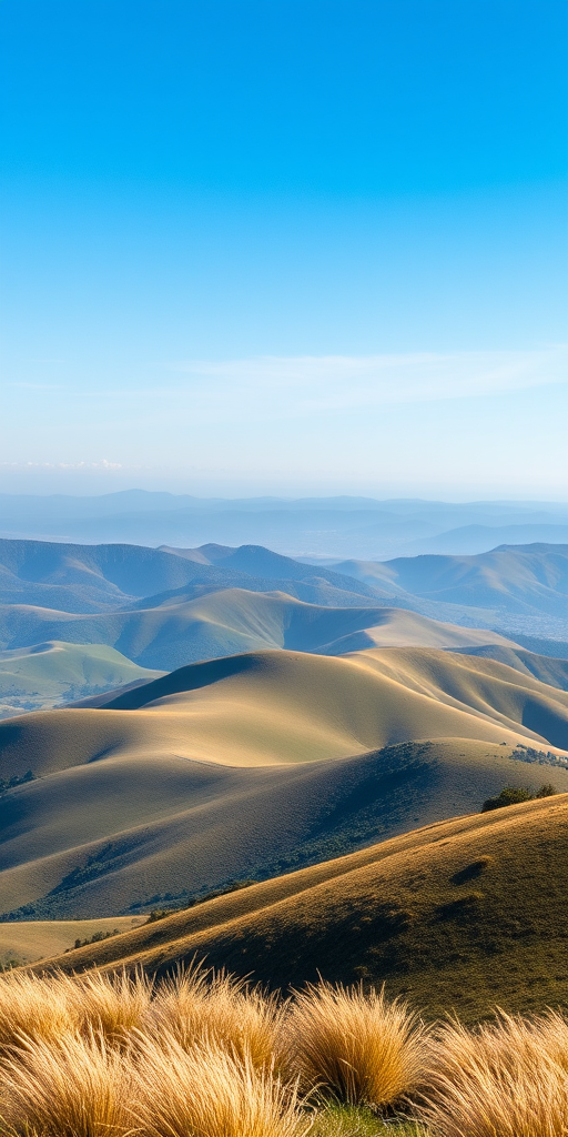 Create a high-resolution image of a serene landscape featuring rolling hills and a clear blue sky, captured with a DSLR camera, 50mm lens, f/8 aperture, ISO 100, 1/125s shutter speed, shot from a low angle perspective for a more immersive view.