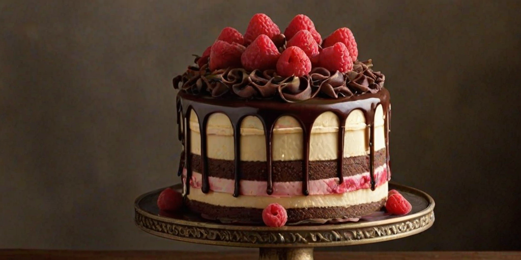 Create an image of a three-layer cake with distinct layers of chocolate, raspberry, and vanilla. The top is adorned with fresh raspberries, chocolate curls, and a decorative gold swirl. Place the cake on a dark pedestal stand with a rustic background. Add elegant ribbons in red and gold around the base.