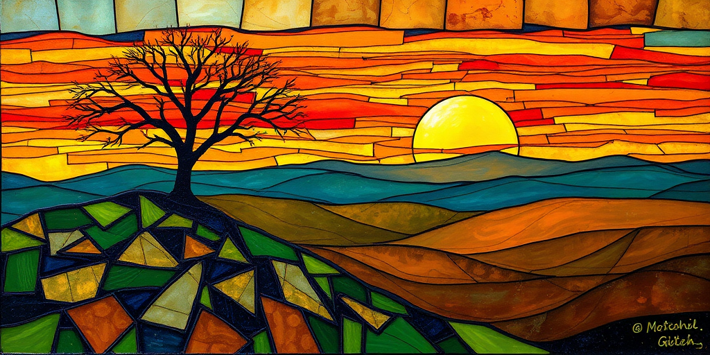 A vibrant abstract painting on Tiffany Glass, blending acrylic and alcohol ink techniques, captures a dramatic sunset over rolling hills. The artwork features a textured, rocky foreground in green and brown, layered abstract hills, and a striking sunset in rich oranges, yellows, and reds. A solitary black tree with intricate branches contrasts against the fiery sky, creating a dynamic and expressive portrayal of a breathtaking natural scene.