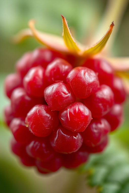 macro photograph of a ripe raspberry with a green leaf, shallow depth of field, f/2.8 aperture, 50mm lens, ISO 100, soft lighting, focus on the texture of the raspberry, blurred background