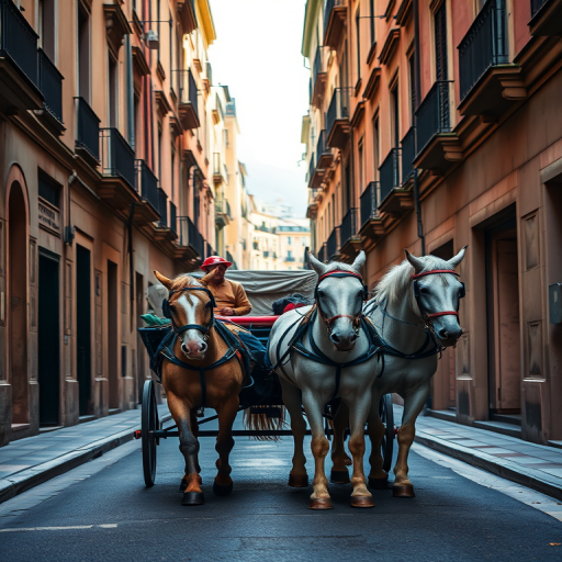 regenerate an image of a horse-drawn carriage on a narrow city street, use a Canon EOS R5 camera with a 50mm lens, aperture set to f/2.8, shutter speed at 1/200s, ISO 100, shoot from a low angle to emphasize the carriage and horses, ensuring vivid colors and high detail.