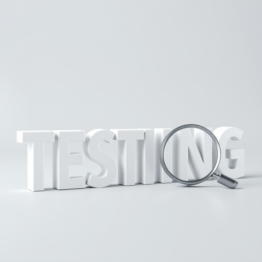 Create a 3D render of the word "TESTING" in bold, white letters with a glossy finish and a magnifying glass positioned beside it, with a soft shadow for depth, using a Canon EOS 5D Mark IV, aperture f/8, ISO 100, 50mm lens, shot from a low angle to emphasize perspective and enhance detail.