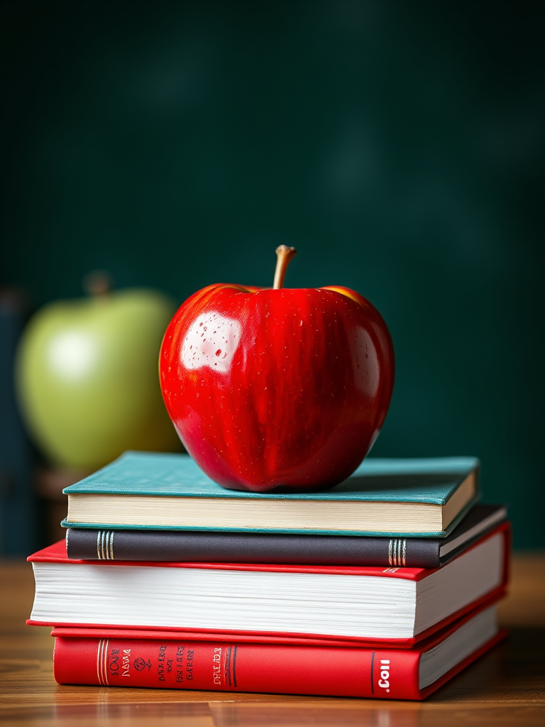 Create an image of a shiny red apple on top of a stack of school books with a blurred background, using a Canon EOS 5D Mark IV camera, 50mm lens, f/1.8 aperture, 1/125 sec shutter speed, ISO 100, shot from a slightly above angle to emphasize the apple and books, with vibrant colors and sharp focus.