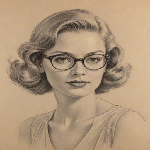 Lovely Elle Duncan, pencil sketch, portrait of Appealing woman 1938s in glasses, hair style beatnik, outline, clear lines, fine lines, 8k