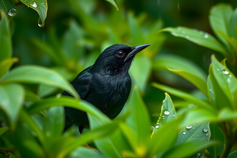 Capture a close-up of a blackbird perched among lush green leaves with droplets of rain, using a DSLR camera, 85mm lens, aperture f/2.8 for shallow depth of field, ISO 400, and natural light for vibrant color saturation.