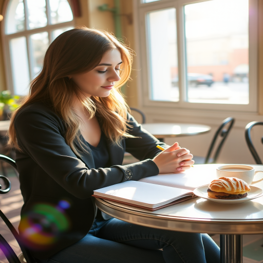 Warmly lit photo of a woman in her 20s, sitting at a charming cafetable, writing in her journal, with a delicious pastry and a cup of coffee beside her, sunlight streaming in.