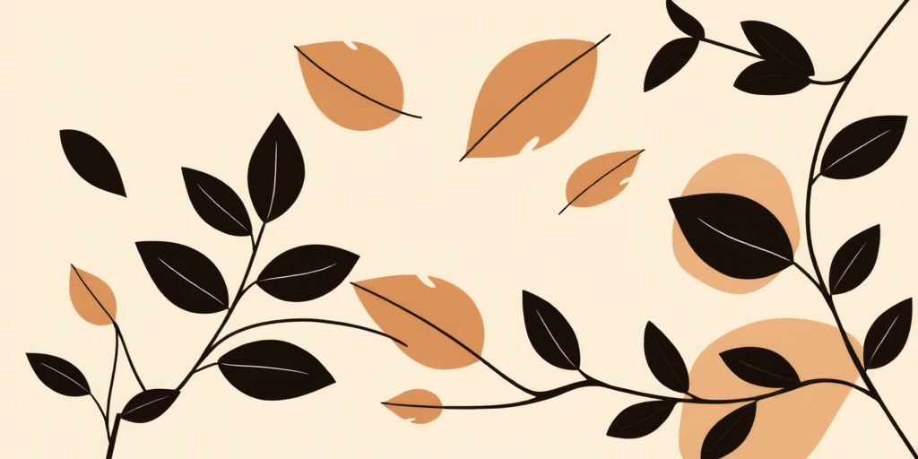 create an abstract illustration of organic shapes featuring a black leaf motif, warm earthy tones like browns and tans on a light beige background, shot with a DSLR camera at 50mm focal length, aperture f/2.8, natural light, focus on sharpness and color saturation