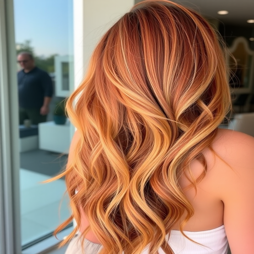 Vibrant copper locks cascading in beachy waves, known as "Sunset Siren," feature sun-kissed highlights and a tousled texture that exudes effortless beauty and carefree elegance