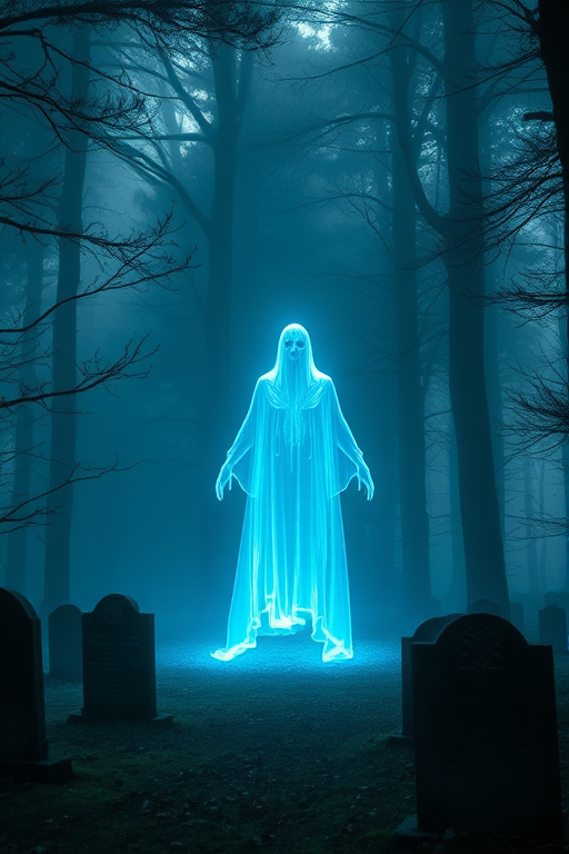 Create a serene ghostly figure made of glowing blue energy hovering in a misty forest with ancient gravestones in the foreground, captured with a Canon EOS R5, 50mm f/1.2 lens, aperture f/2.8, ISO 100, long exposure, soft focus and cinematic style.