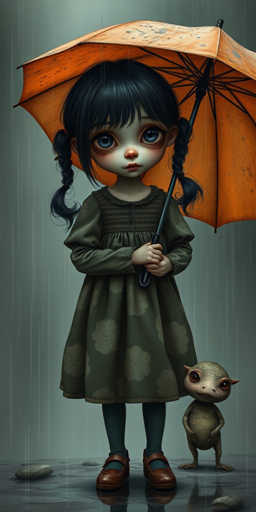 An eerie, weird little girl with dark hair in thin pigtails, wearing a smock dress, standing in the rain, holding a dirty orange umbrella, a small, odd creature beside her. In a surreal style inspired by Nicoletta Ceccoli and Brian Froud. Dark fantasy themes