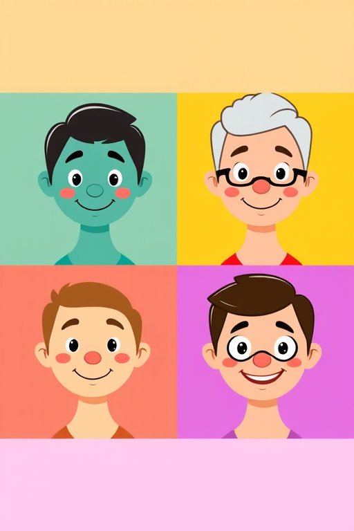 Generate a vector-style illustration of four diverse cartoon faces arranged in a 2x2 grid, with vibrant backgrounds in teal, red, yellow, and purple; camera settings: ISO 100, aperture f/5.6, shutter speed 1/250s; camera view: front-facing, camera style: flat design, camera type: digital illustration.