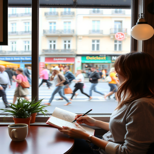 Quiet corner of a bustling cafe, a woman with a notebook sits by the window, sketching the people outside as they rush past on the busy street.