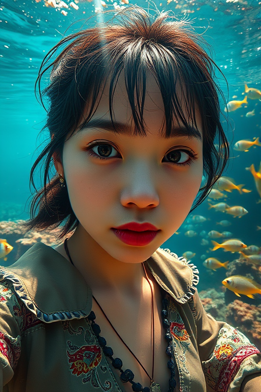 Realistic selfie image of a Asian, wearing a vintage outfit, detailed dreamy eyes, droopy hooded eyes, staring at the camera, taken underwater at coral reef with a sunbeam filtering through the water, vibrant, summer vacation, natural lighting, turtle and school of tropical fish with vibrant colors, rendered in the style of CryEngine, Pegi Nicol MacLeod, with realistic genre scenes, hauntingly beautiful narratives, ultra-realism, and Thomas Saliot's close-up technique, 8K resolution, crystal clear and sparkling water.