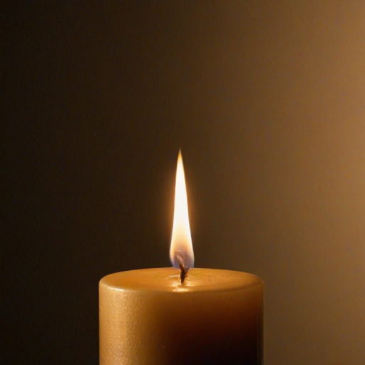 Close-up of a candle’s flame flickering in the darkness, soft golden light illuminating the surrounding area, with shadows dancing on the walls and a sense of calm filling the air.