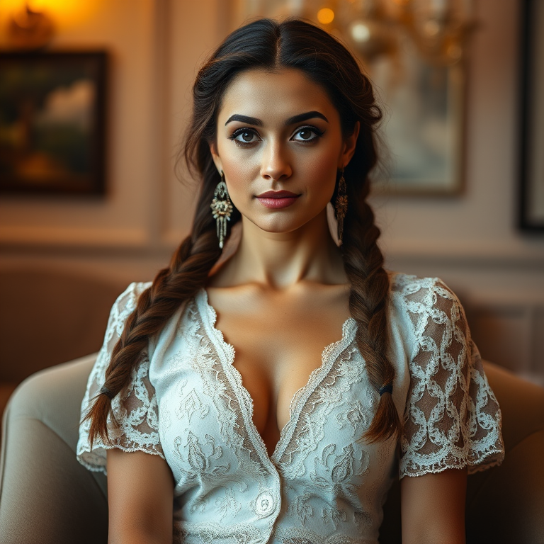 Create a portrait of a refined and elegant Ashkenazi woman seated in a sophisticated setting. She has long, wavy hair styled in two thick braids that are pulled over her shoulders. She wears a white, lace gown with intricate patterns, featuring a deep V-neckline and short sleeves. The dress exudes a vintage charm with its delicate lacework. She is adorned with ornate, dangling earrings that add a touch of glamour to her appearance. The background is softly lit, with warm, ambient lighting that creates a cozy and inviting atmosphere. Her expression is poised and serene, capturing a sense of grace and elegance.