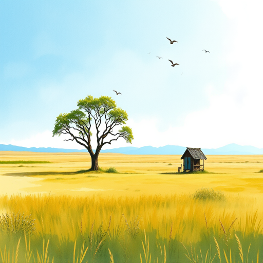 Create a high-resolution illustration of a serene landscape featuring a single tree and a small rustic hut in a vast open field, with a clear blue sky and a few birds flying, using a Canon EOS R5 camera with an aperture of f/8, ISO 100, and a focal length of 50mm, in a vibrant watercolor style.