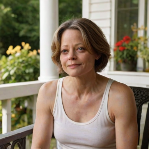 A photo of Jodie Foster with a background of a cozy porch. She has dark hair pulled back in an updo, with tendrils framing her face. She wears a white tank top and sits on the porch. The porch is part of a well-lit home with a warm, earthy tone and colorful flowers and foliage. The overall scene has a warm, welcoming, and comfortable ambiance.