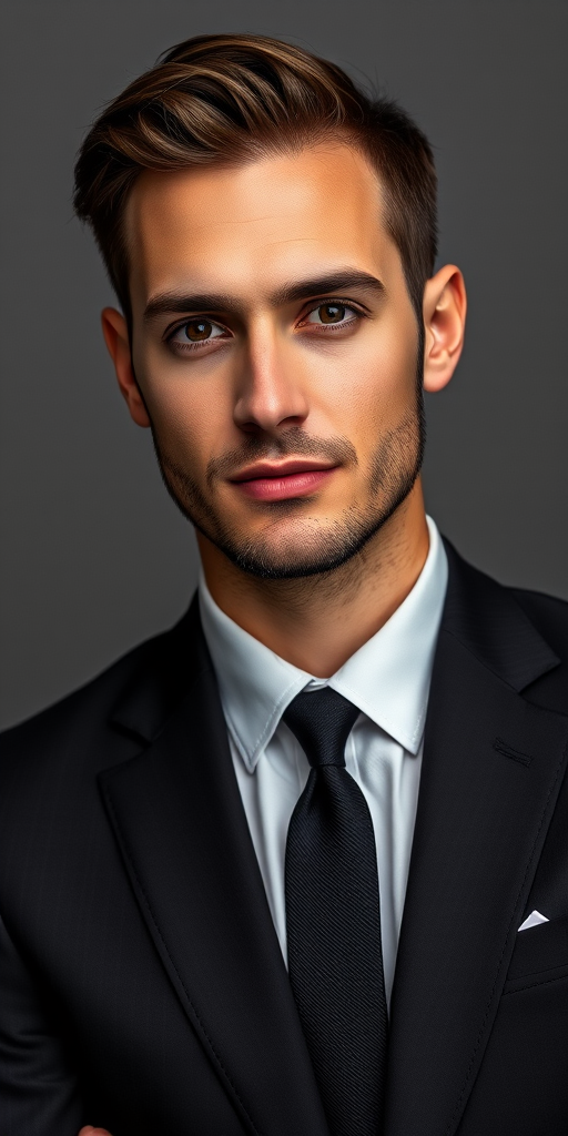 professional male model in a tailored black suit against a grey backdrop, taken with a Canon EOS R5, 85mm lens, aperture f/1.8, shutter speed 1/200s, ISO 100, portrait orientation, soft diffused lighting to enhance facial features and textures