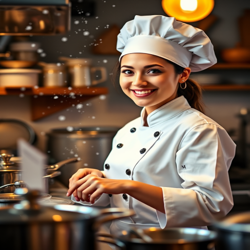 A young female chef wearing a white uniform and hat, smiling while cooking in a cozy kitchen filled with pots, snowflakes in the background, soft warm lighting, 50mm lens, f/1.8 aperture, ISO 100, shutter speed 1/200s, capturing a vibrant and inviting atmosphere.