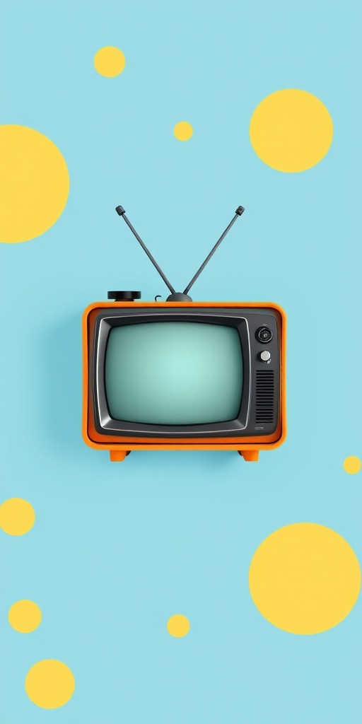 Create a retro pixel art image of a vintage television set, centered on a pastel blue background with abstract yellow polka dots, using a Canon EOS R5 with a 50mm f/1.2 lens, in daylight with a soft focus style to enhance color vibrancy and detail.