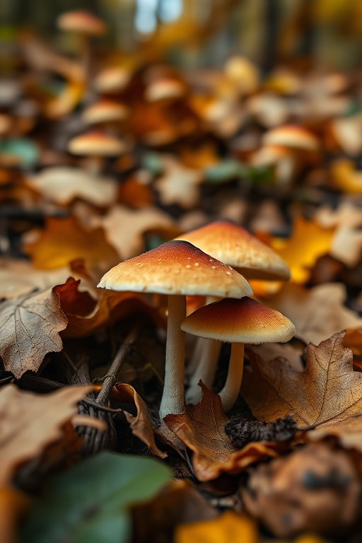 Mushrooms growing among autumn leaves in a forest with a shallow depth of field, macro lens, f/2.8 aperture, ISO 200, soft natural lighting, captured with a DSLR camera from a low angle for enhanced detail and texture.