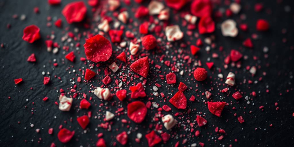 Create an abstract textured image with red and white elements on a dark background, using a DSLR camera with a 50mm lens, aperture set to f/1.8, ISO 100, and a low angle view to enhance depth and clarity.