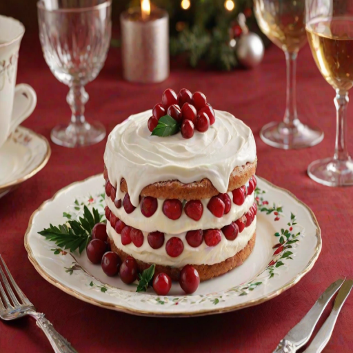 Create an image of a festive dessert displayed on a decorative plate. The dessert should be a traditional holiday cake made with layers of cream and fruit, garnished with fresh cranberries and holly leaves. Surround the dessert with elegant glassware and a cozy table setting. The background should be warm and inviting, evoking a holiday celebration atmosphere.