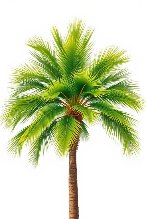 Illustration of a palm tree with vibrant green fronds, set against a simple background, captured with a Canon EOS 5D Mark IV, 50mm lens, aperture f/2.8, ISO 100, in natural light, focus on detail and texture for enhanced image quality.