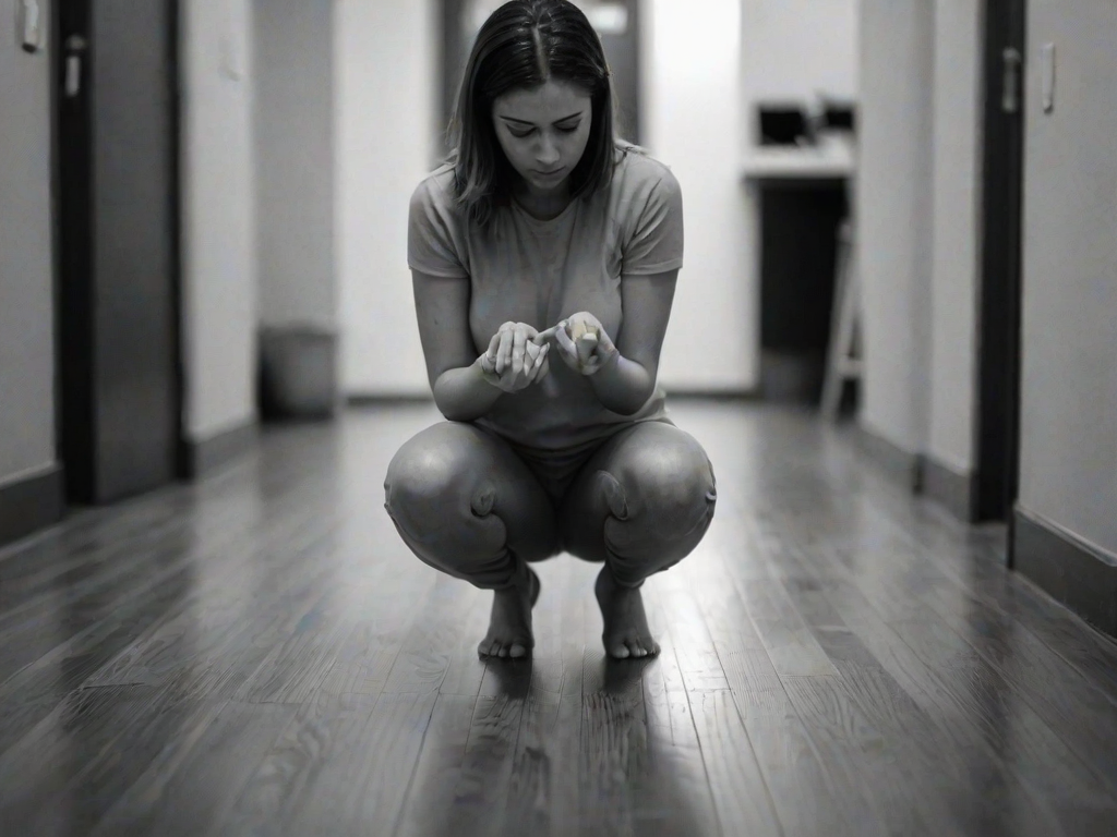 monochrome, bad fingers, bad hands, watermarks, signature, username, blurry background, blur, on floor, kneeling on floor, knees on floor, floor, kneeling on floor