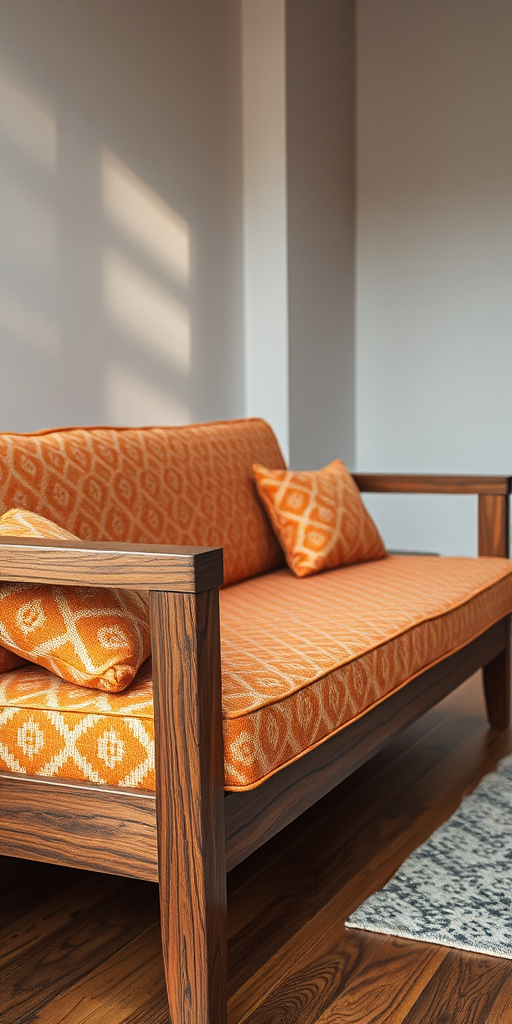 Regenerate a modern wooden sofa with a geometric patterned orange fabric, shot in high resolution with a DSLR camera at ISO 100, f/8 aperture, 50mm lens, in natural lighting to enhance texture and detail.