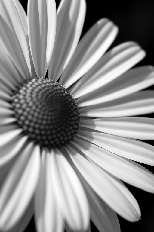 a close-up of a white daisy with a dark background in black and white, f/2.8 aperture, 50mm lens, ISO 100, natural lighting, DSLR camera, shallow depth of field