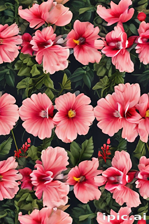 Vibrant Pink Hibiscus Flowers Intertwined with Lush Green Leaves in Pattern