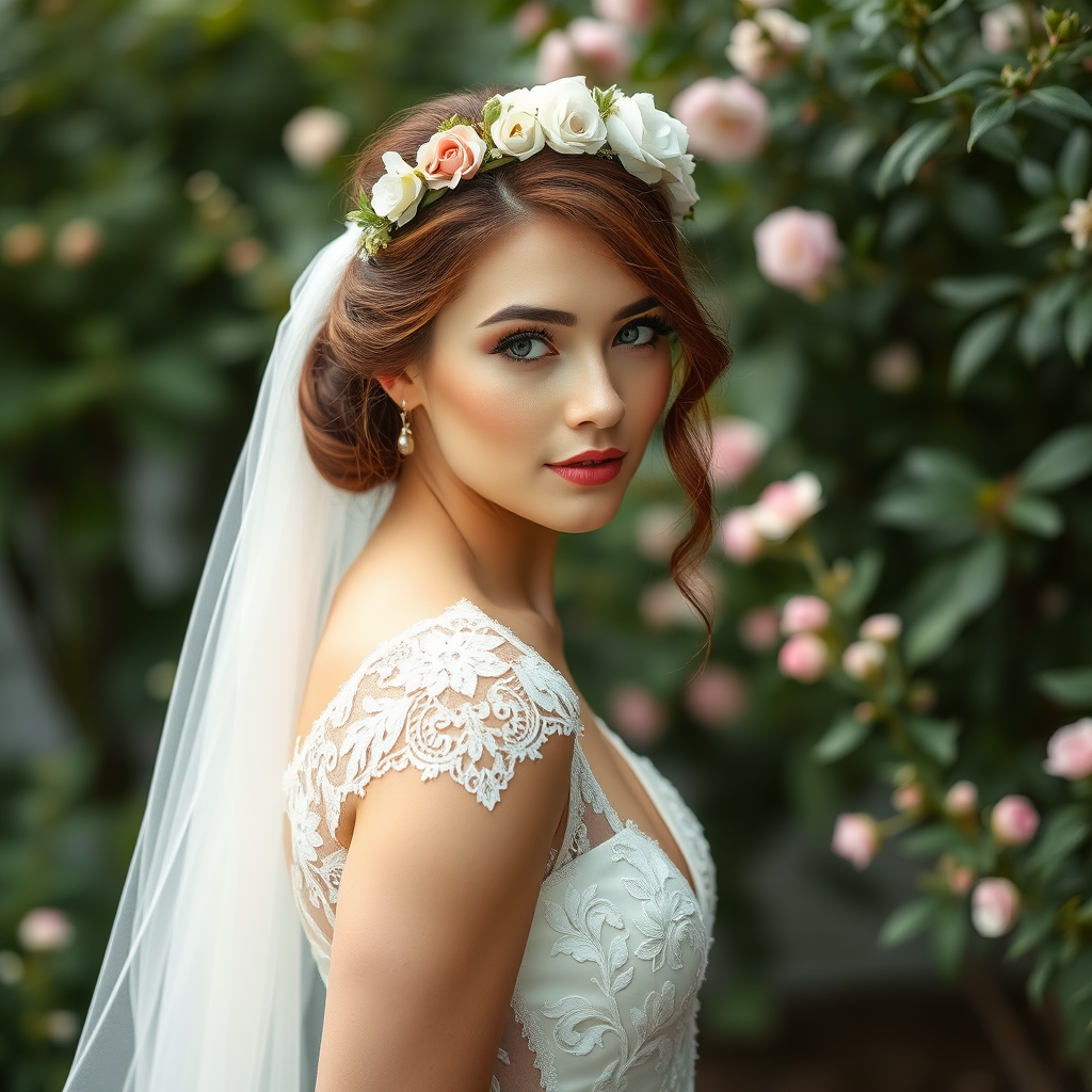 Garden scene, bridal model, delicate lace gown, floral headpiece, soft romantic focus, high-key lighting and an 85mm lens for soft, even tones that highlight the model’s face and bright outfit against a white or light background