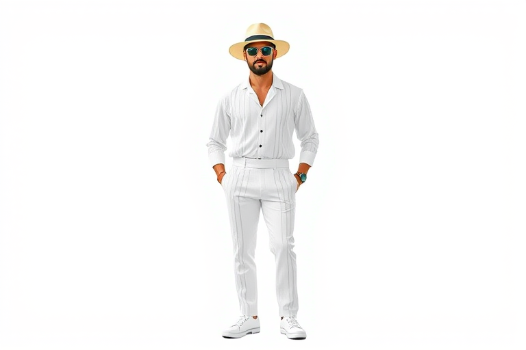 Create a full-body illustration of a man in a stylish white outfit with vertical stripes, wearing a wide-brimmed hat and sunglasses, standing confidently against a plain background, captured with a DSLR camera, 50mm lens, f/1.8 aperture, ISO 100, natural lighting for enhanced details and contrast.