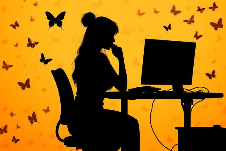 Create an illustration of a silhouette of a woman sitting at a computer, surrounded by a warm golden orange background filled with butterflies, using a DSLR camera, aperture f/2.8, shutter speed 1/125s, ISO 100, with a soft focus lens effect for a dreamy quality.