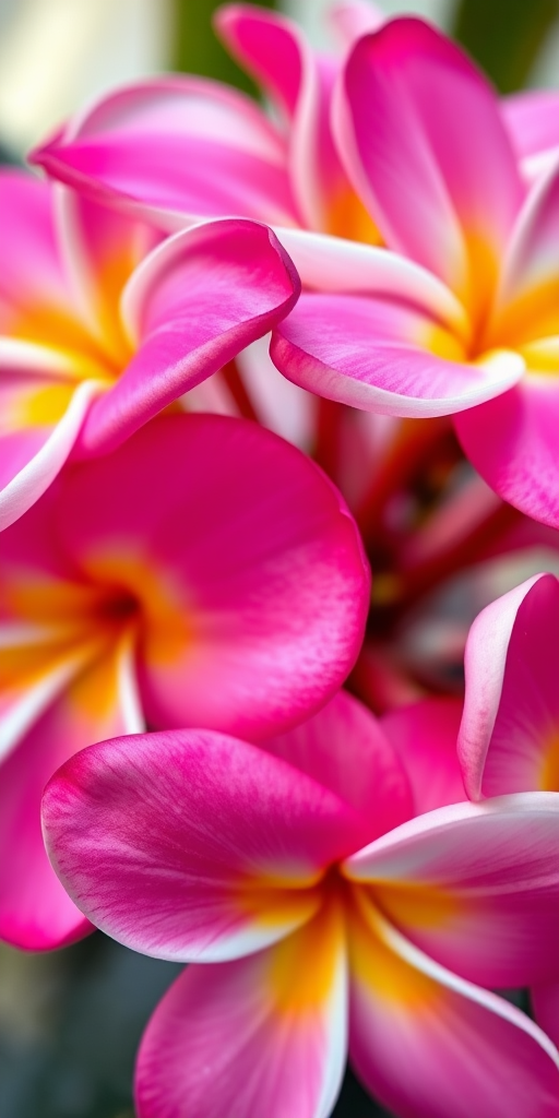 Close-up of vibrant pink and white plumeria flowers with yellow accents, soft focus background, natural lighting, ISO 100, aperture f/2.8, shutter speed 1/200s, DSLR camera, macro lens.