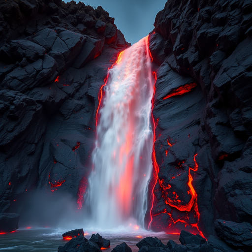 Generate a high-resolution image of a molten lava waterfall cascading down rocky cliffs, illuminated by a warm orange glow, captured with a Canon EOS R5, 24mm lens, f/8, ISO 200, 1/250 sec, using a dramatic low angle view to emphasize the flow and texture of the lava against a dark background for depth.