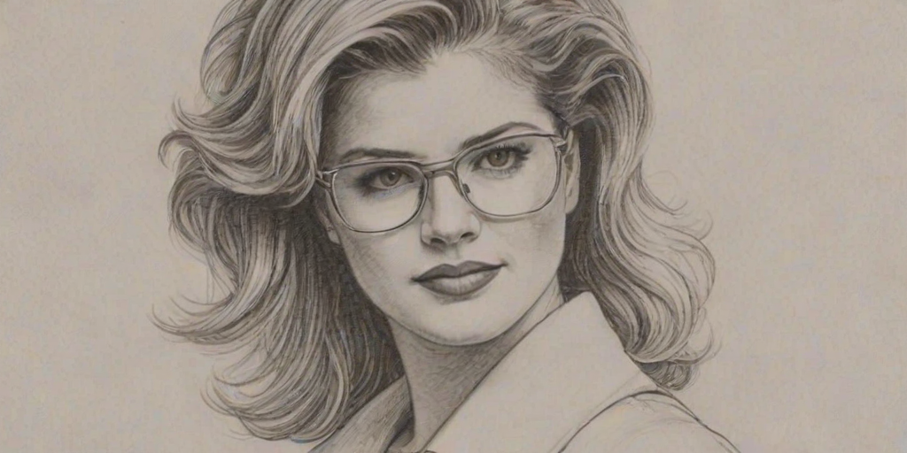 Ravishing Kristy Swanson, pencil sketch, portrait of Dazzling woman 1922s in glasses, hair style beatnik, outline, clear lines, fine lines, 8k