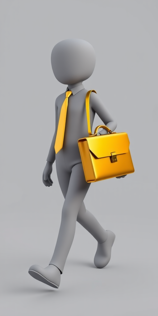 3D rendering of a minimalist figure with a gray body and a shiny golden briefcase, mid-stride, wearing a yellow tie, soft lighting, f/2.8 aperture, 50mm lens, portrait view, DSLR camera, high resolution.