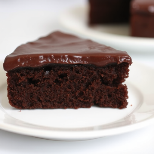 A close-up view of a slice of rich chocolate cake with a thick layer of glossy chocolate frosting on a white plate, showcasing the moist texture and deep brown color of the cake, with a soft background that highlights the dessert.