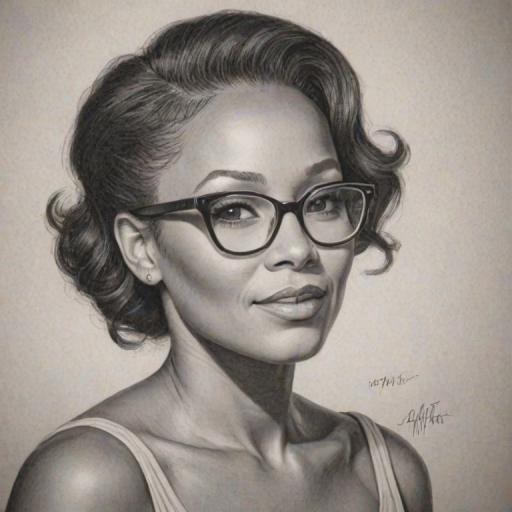 Beauteous Mel B, pencil sketch, portrait of Radiant woman 1956s in glasses, hair style beatnik, outline, clear lines, fine lines, 8k