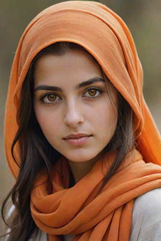 Create a portrait of a young Druze female with long, dark hair and captivating hazel eyes. She is wearing a orange headscarf and a matching scarf draped gracefully around her neck. The background is softly blurred, focusing attention on her serene and natural expression. The overall color palette is muted and warm, enhancing the intimate and authentic feel of the portrait.