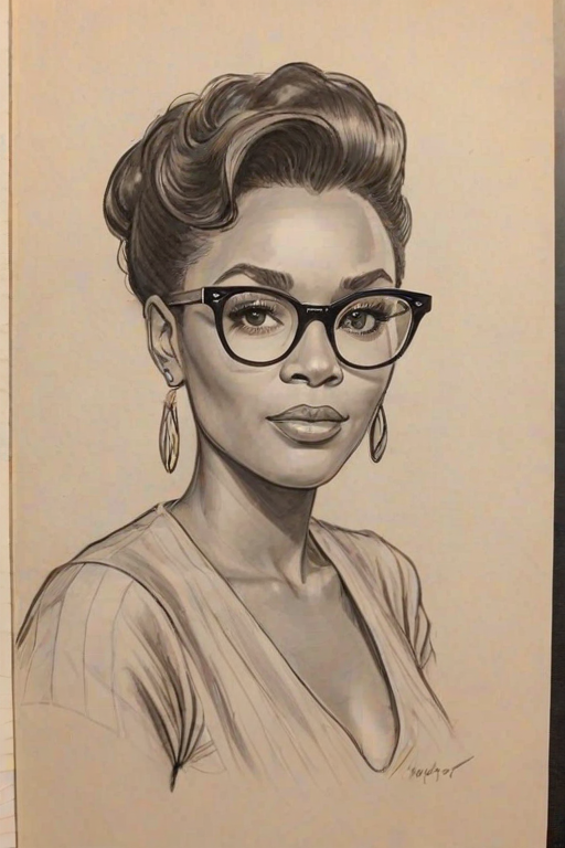 Magnificent Janelle Mon'e, pencil sketch, portrait of Comely woman 1949s in glasses, hair style beatnik, outline, clear lines, fine lines, 8k