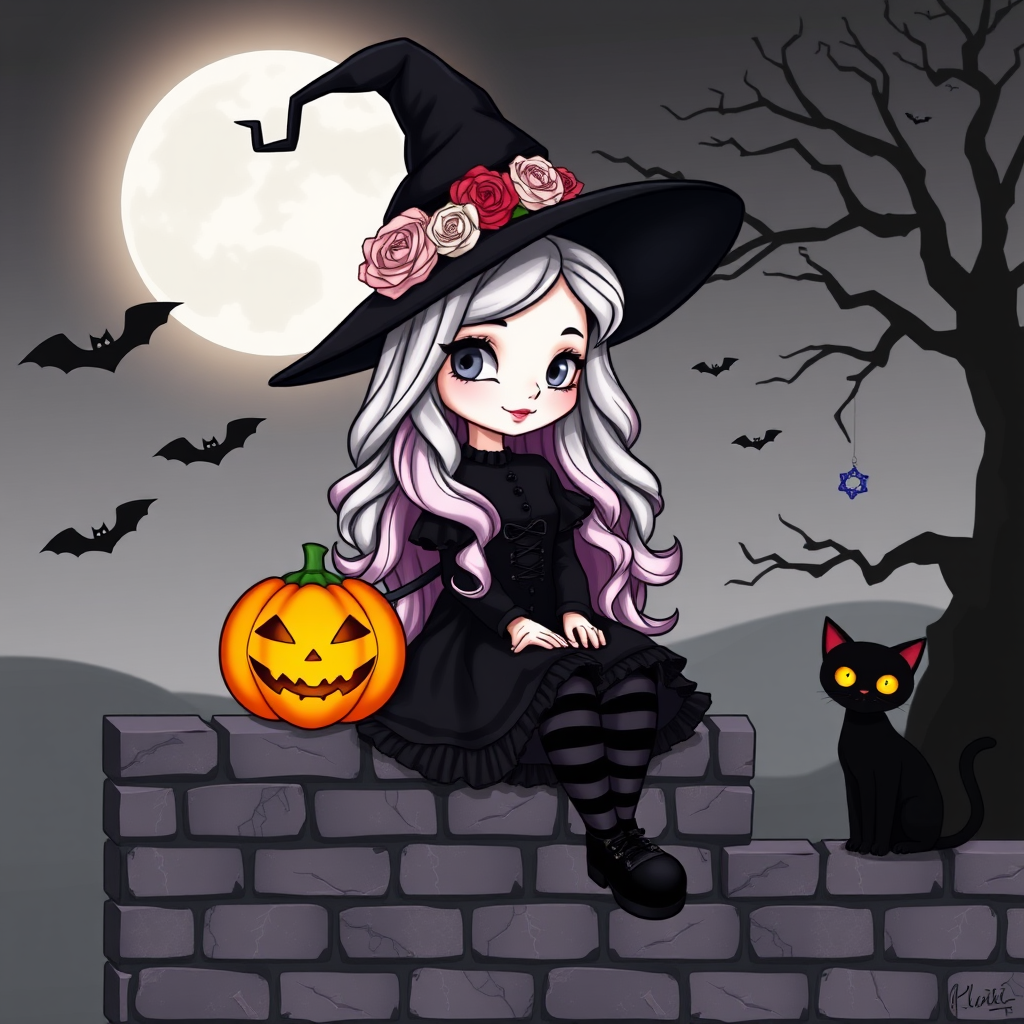 A cute, gothic-style cartoon of a young witch resembling Wednesday Addams sitting on a brick wall under a full moon. She has long wavy hair with silver, pink, and purple ombre highlights, and wears a classic black witch hat decorated with a pumpkin and roses. She is dressed in a black frilly dress with striped stockings and black shoes. A glowing Jack-o'-lantern sits beside her, and a black cat with glowing orange eyes is next to her. The background features a large moon, silhouetted bats, and a spooky tree, with a soft monochrome and slightly glowing effect, creating a magical Halloween atmosphere.