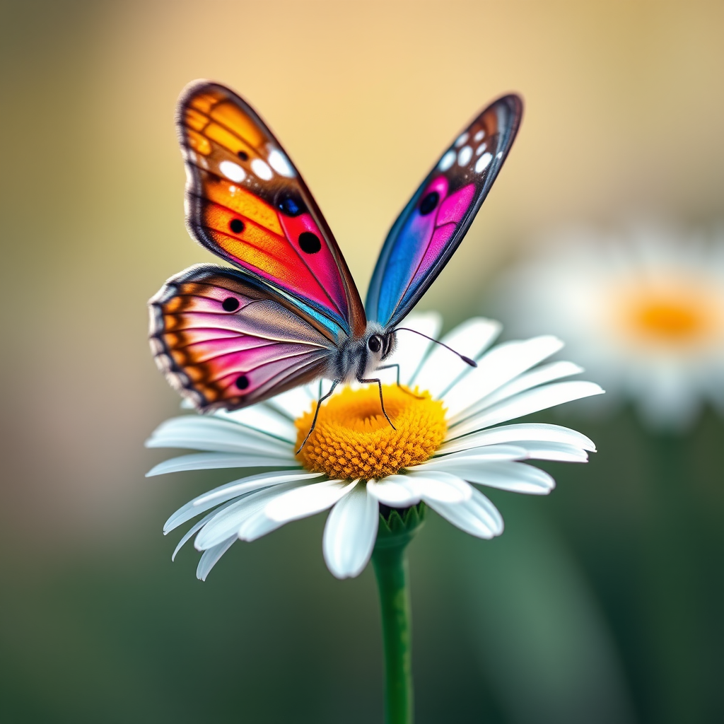 Create an illustration of a butterfly perched on a daisy flower with vivid colors and fine details, using a DSLR camera with a macro lens, aperture set to f/2.8, ISO 100, and a soft focus background to enhance depth and clarity.