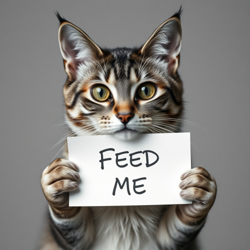 cat holding a note which says "FEED ME"