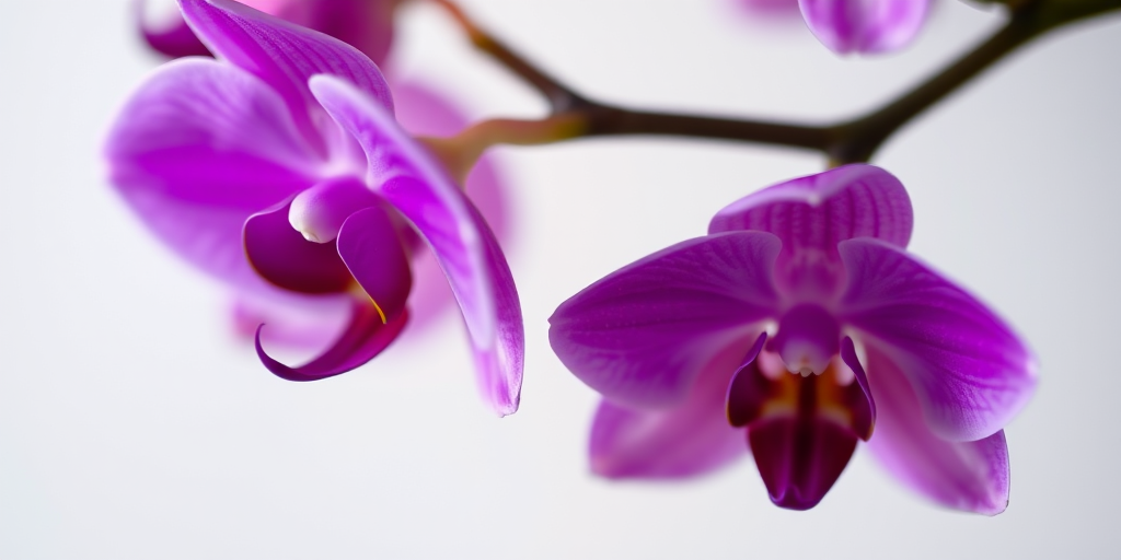 Close-up shot of purple orchids against a soft gradient background, focus on details of the petals, ISO 200, f/2.8 aperture, 50mm lens, natural light, macro photography style.