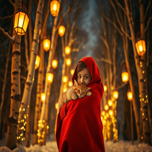 Create an enchanting night scene of a young girl in a red cloak hugging a cat, surrounded by illuminated golden lanterns hanging from tall birch trees, with soft snowflakes falling gently, captured in a warm, dreamy atmosphere, using a DSLR camera, 50mm lens, f/1.8 aperture, ISO 200, 1/60s shutter speed, composed from a low angle to emphasize the height of the trees and the intimacy of the moment, with a slight bokeh effect in the background.