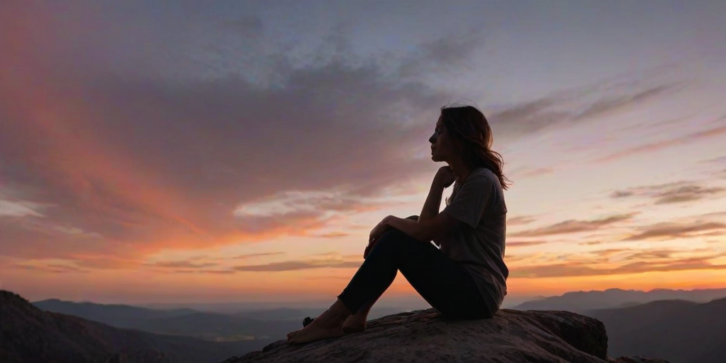 Warmly lit photo of a woman enjoying a sunset while sitting on a rocky outcrop, her silhouette against the vibrant sky, with a peaceful expression as she takes in the moment.